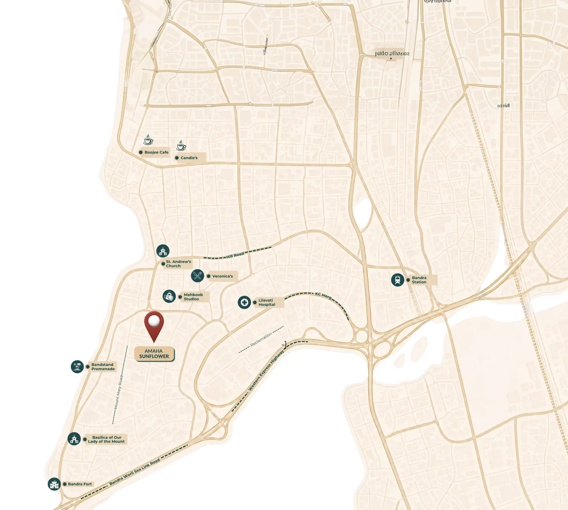 Map of Bandra showing Amaha Sunflower and nearby landmarks