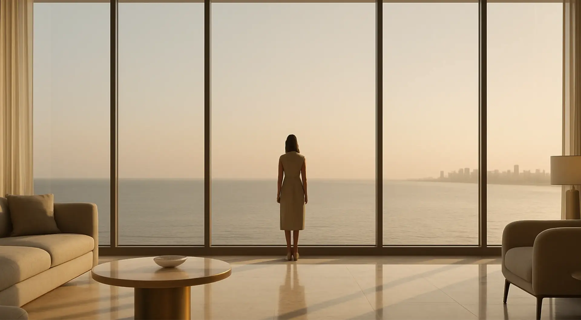 A woman at a floor-to-ceiling window of an Amaha Ocean Side residence, looking out over the sea at dusk