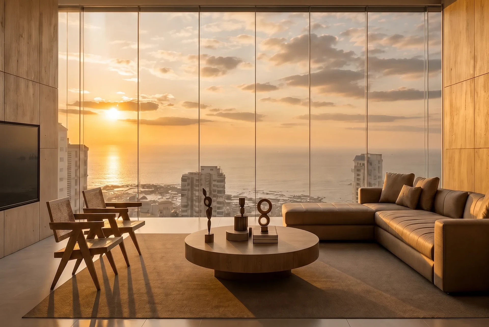 A living room open to the sea at sunset