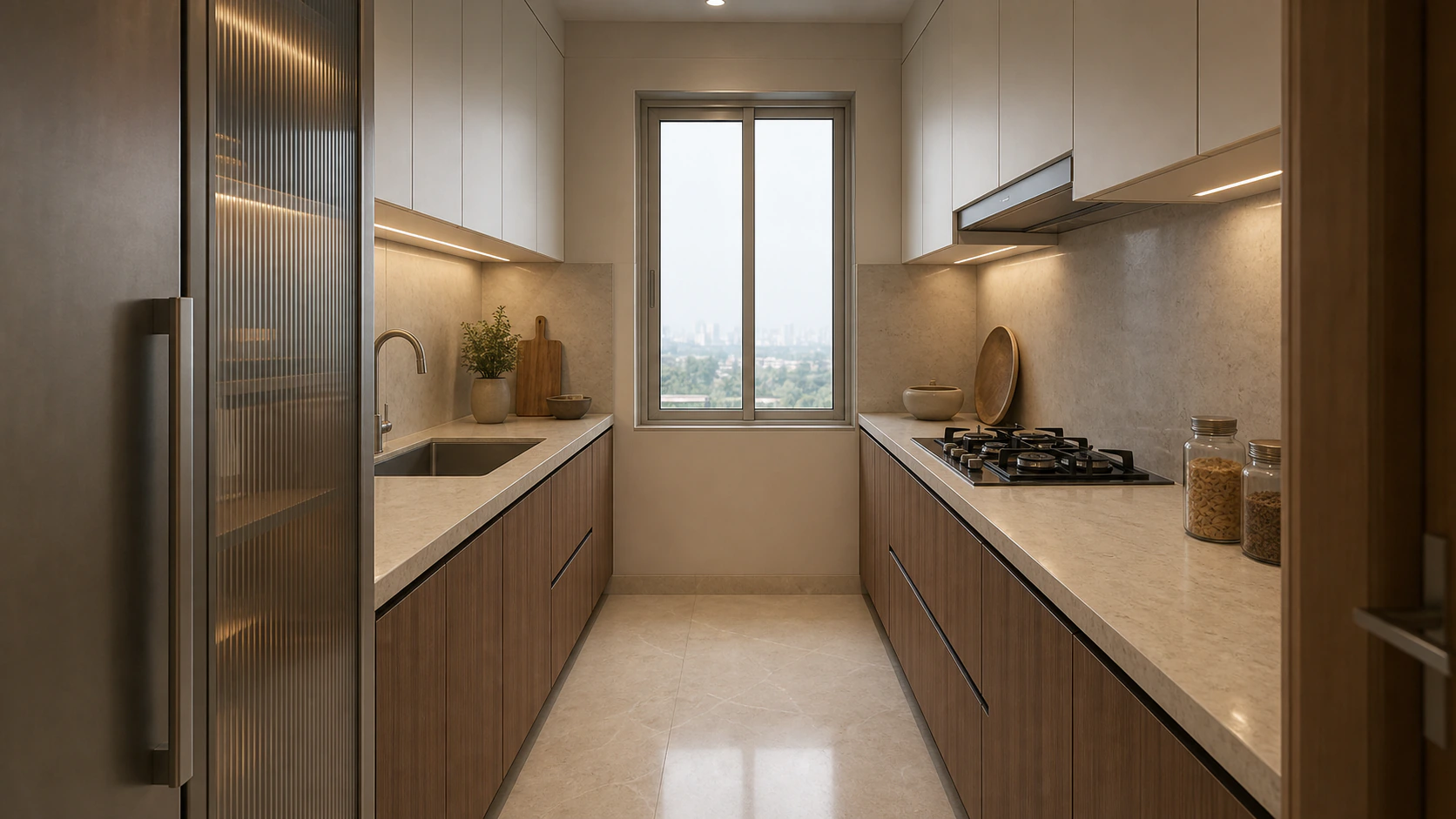 A compact galley kitchen finished in walnut and warm stone