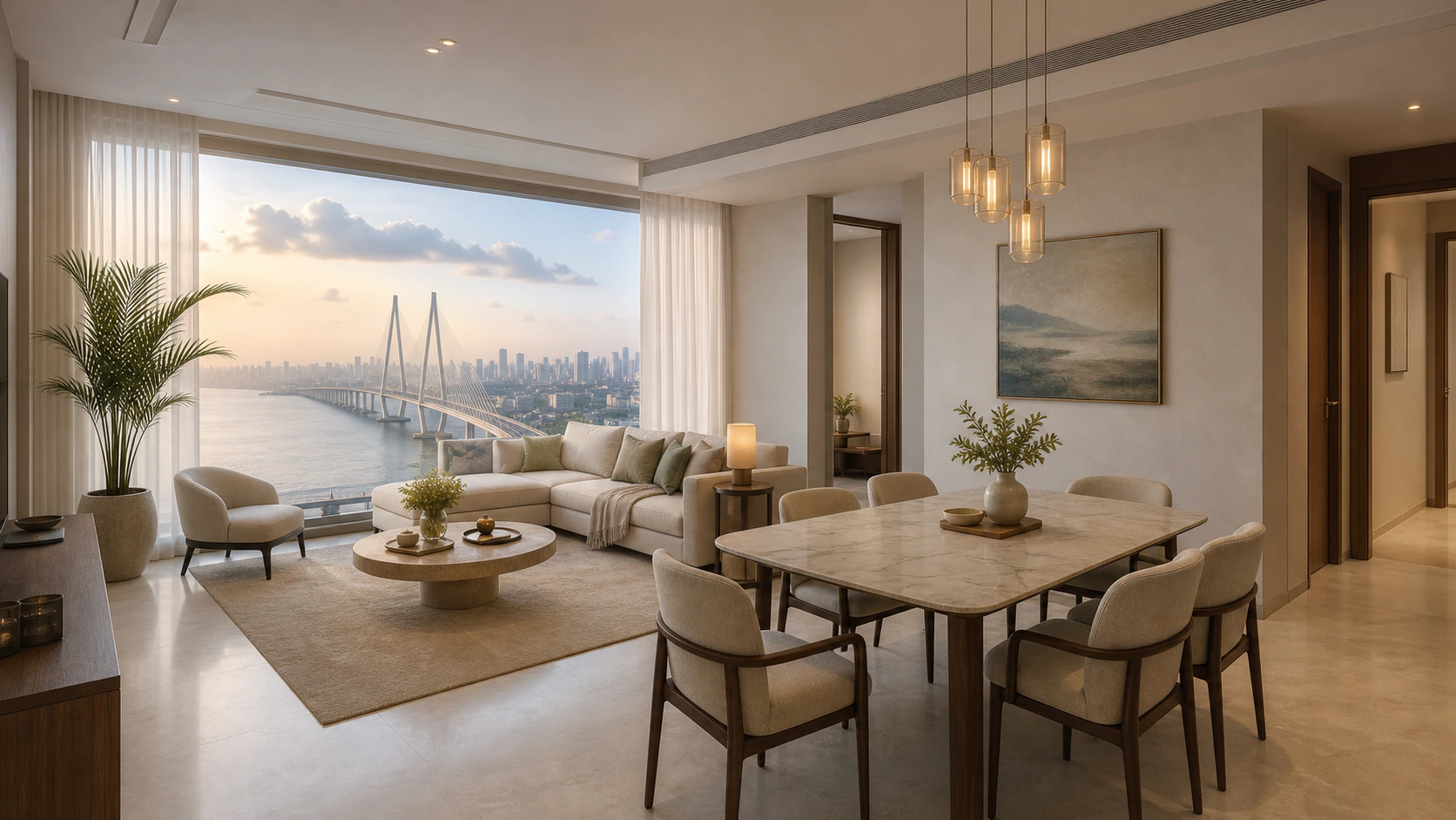 A warm living and dining room inside an Amaha residence