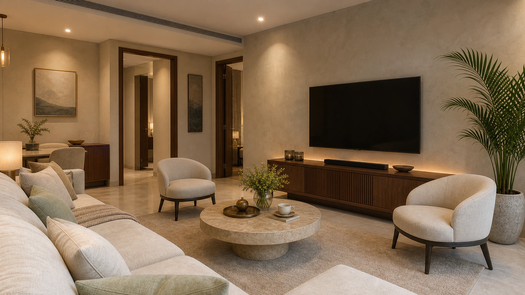 An inward-facing living room with walnut joinery and soft lighting
