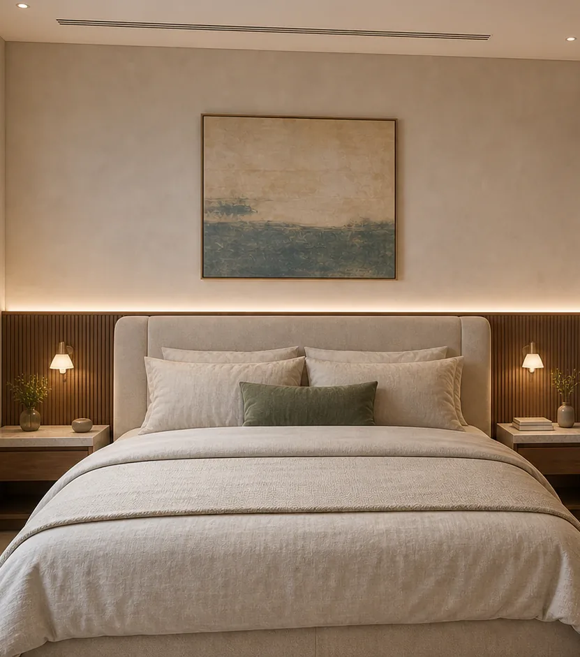 A calm primary bedroom designed with enduring natural materials