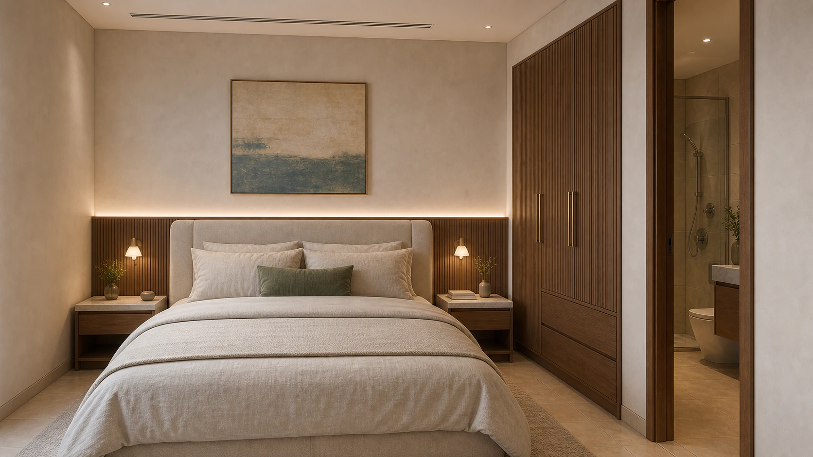 An inward-facing primary bedroom with an ensuite beyond
