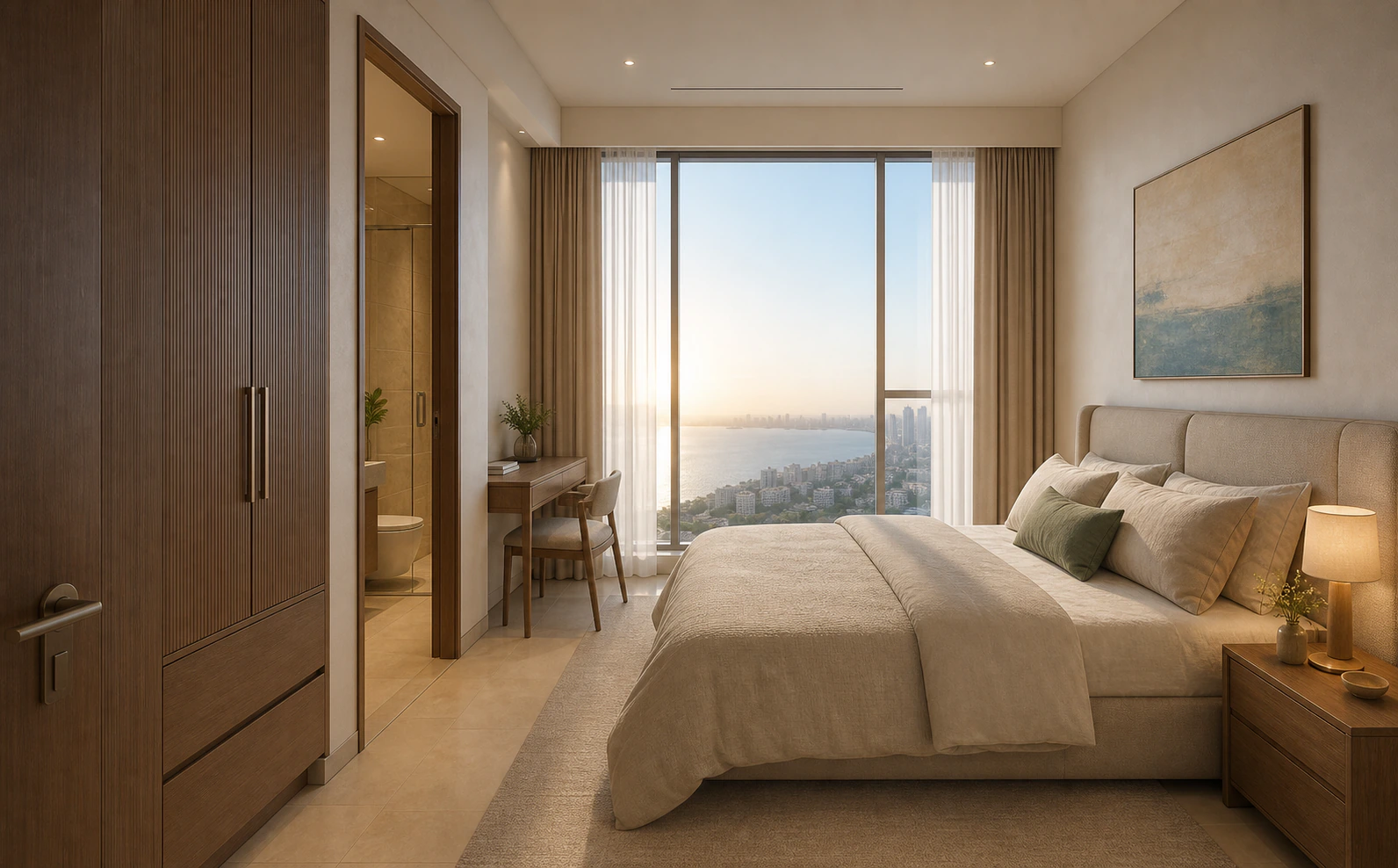 The primary bedroom with calm natural finishes