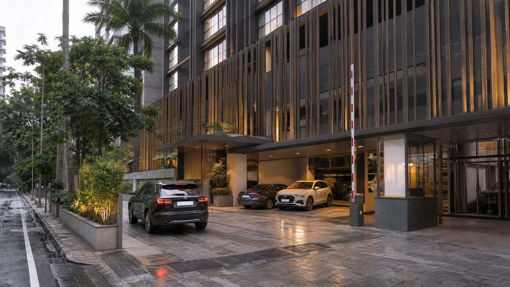 The landscaped residential parking entrance at Amaha Sunflower