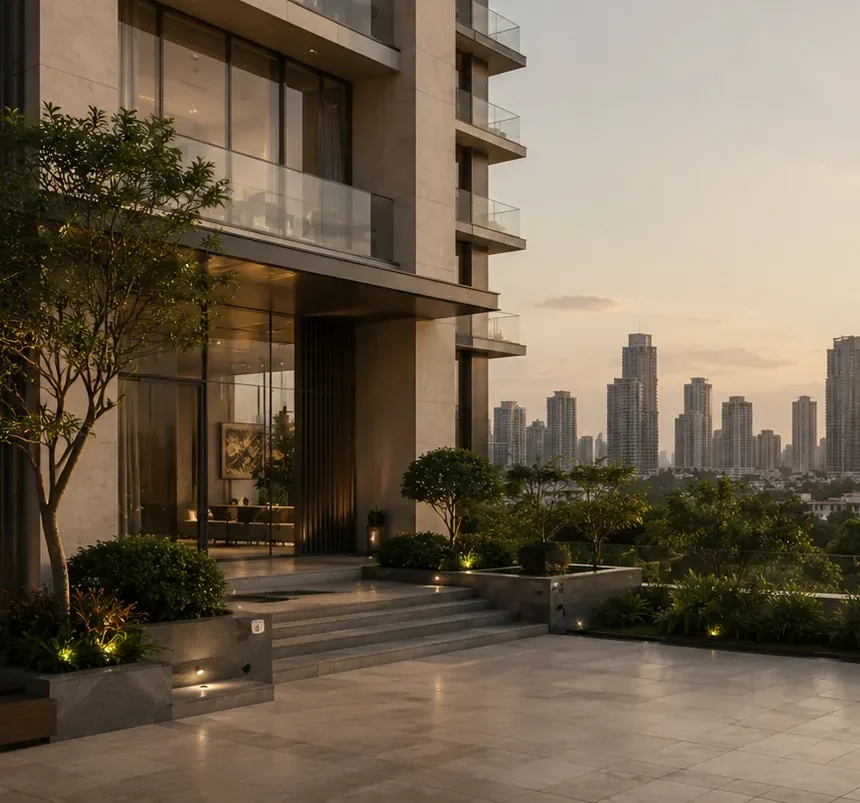 The entrance canopy and terrace at dusk, the city skyline beyond