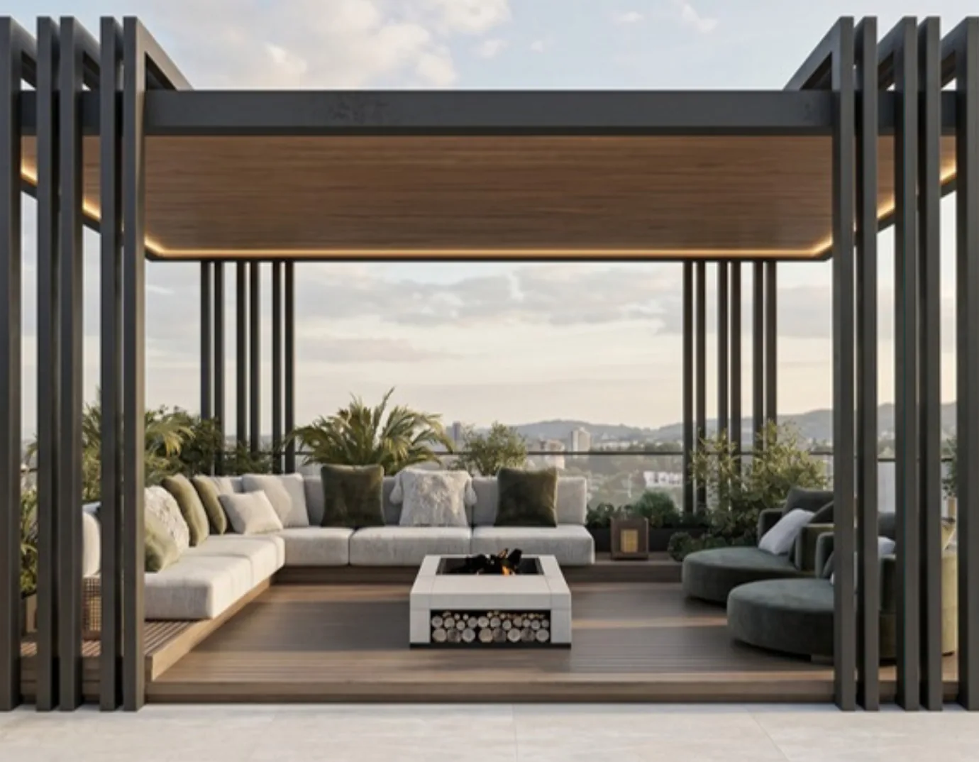 A rooftop pergola sit-out with a fire pit and open sky