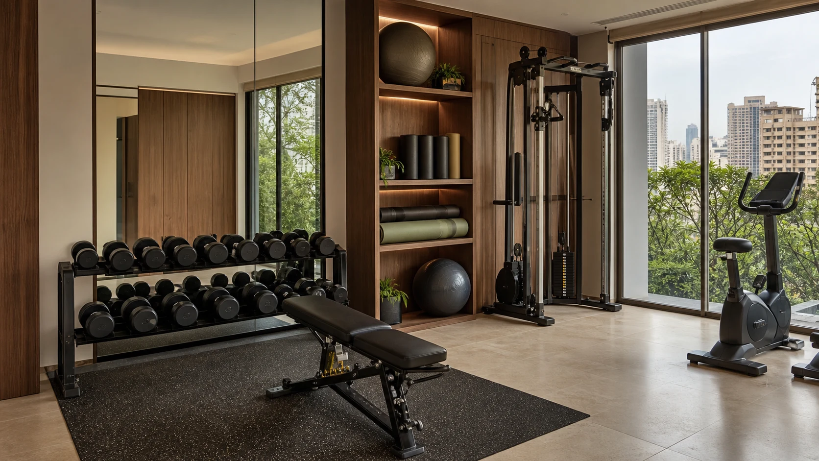 A naturally lit residents' gymnasium with warm finishes and city views