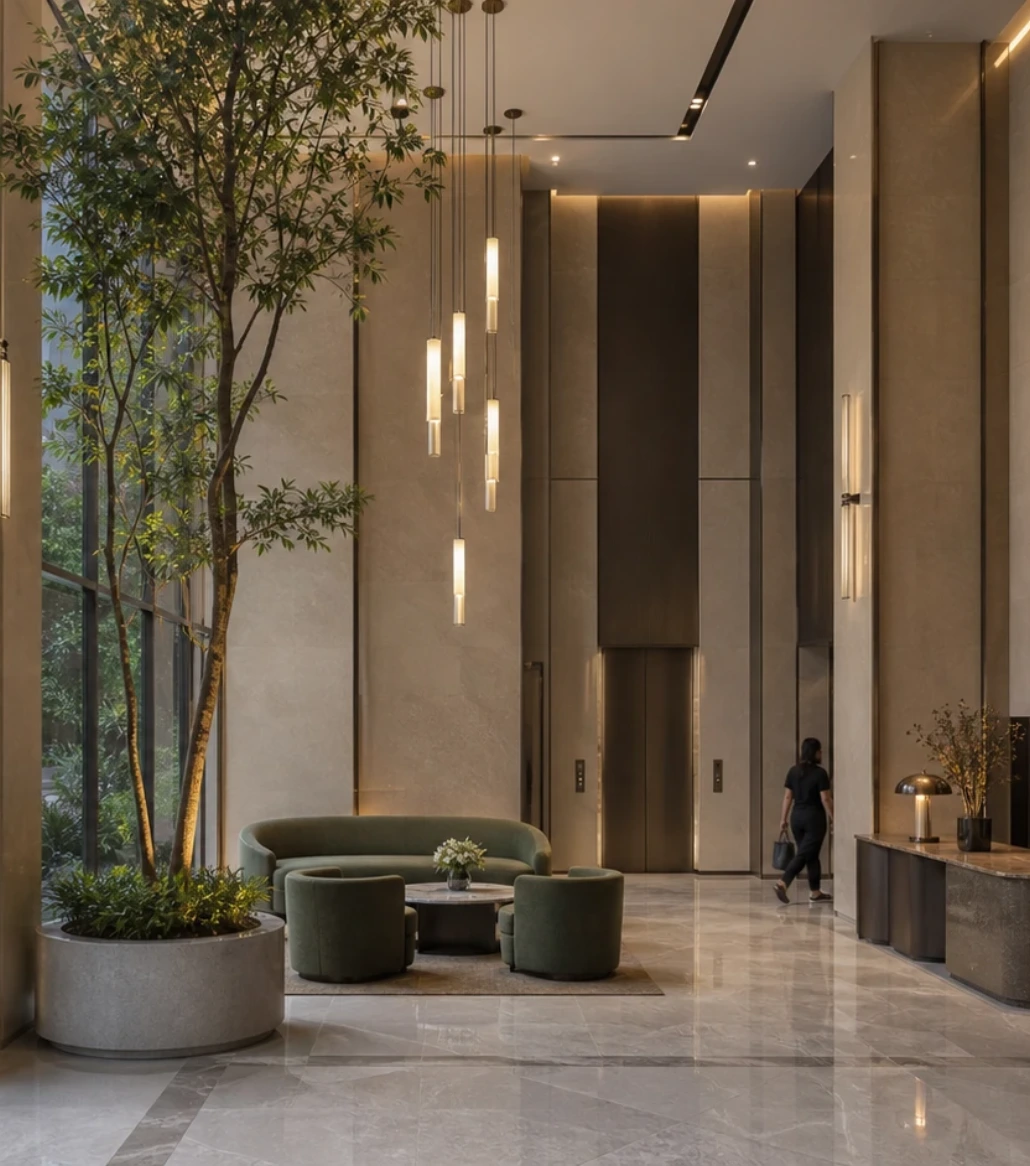 The double-height entrance lobby at Amaha Sunflower