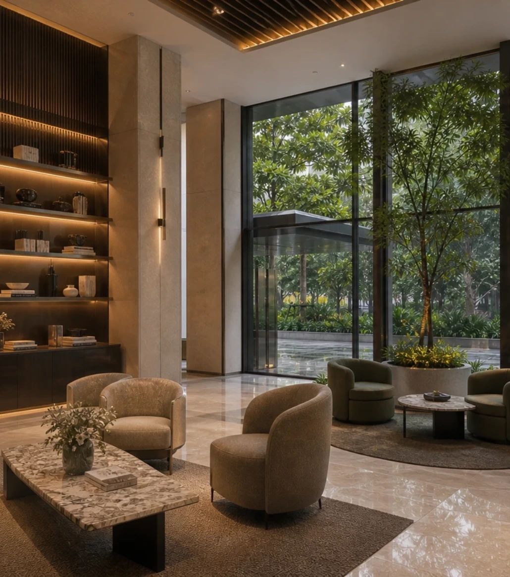 The naturally lit resident lobby lounge at Amaha Sunflower