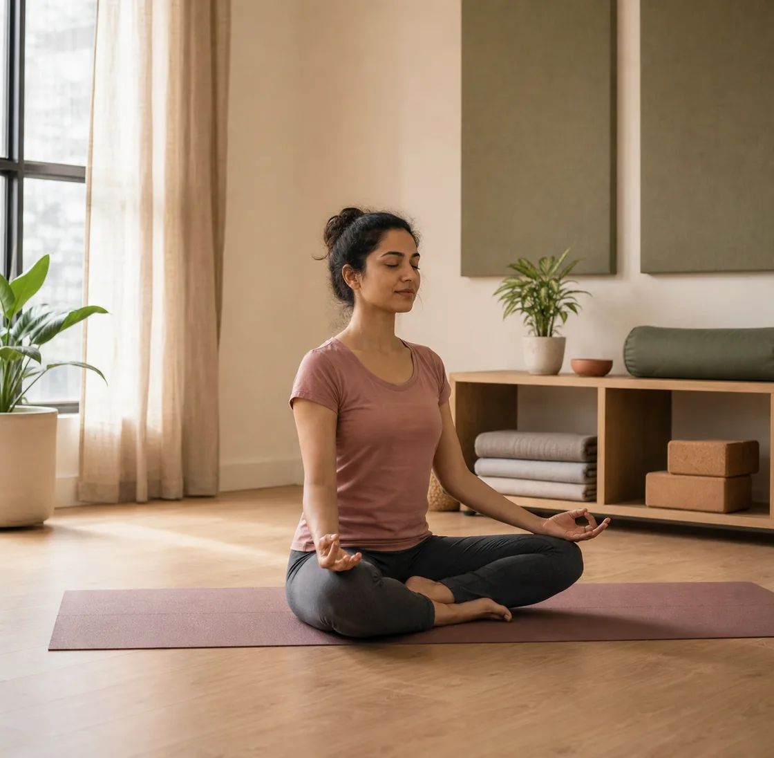 A resident seated in meditation in the indoor yoga studio