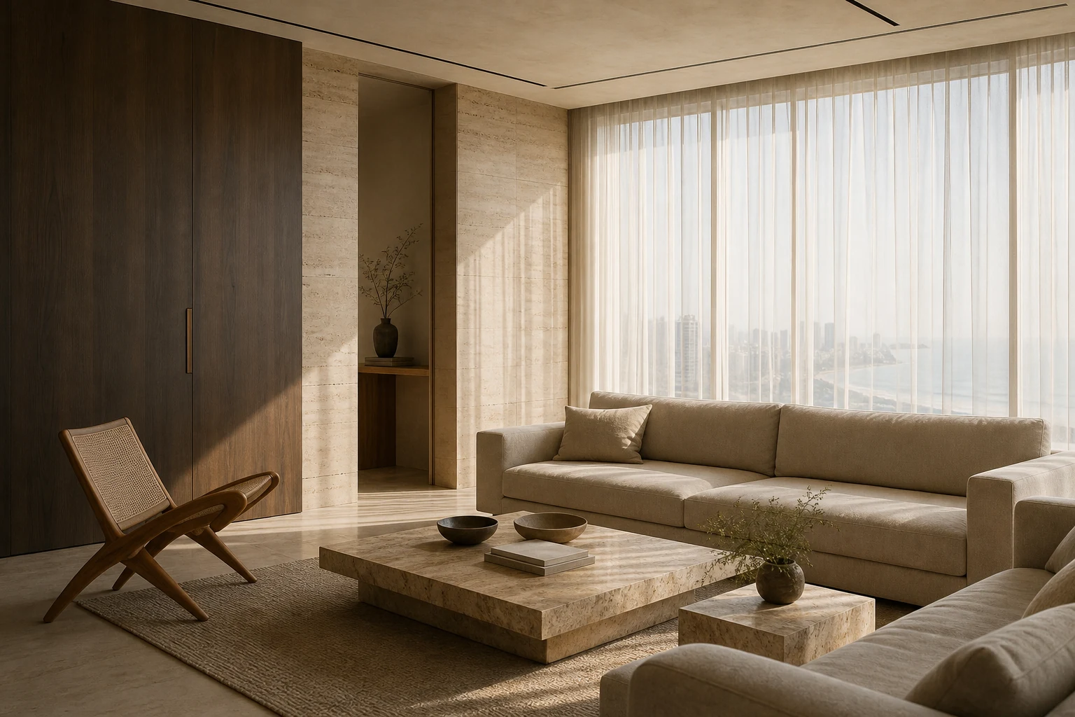 A restrained living room in stone, timber and natural linen overlooking coastal Mumbai