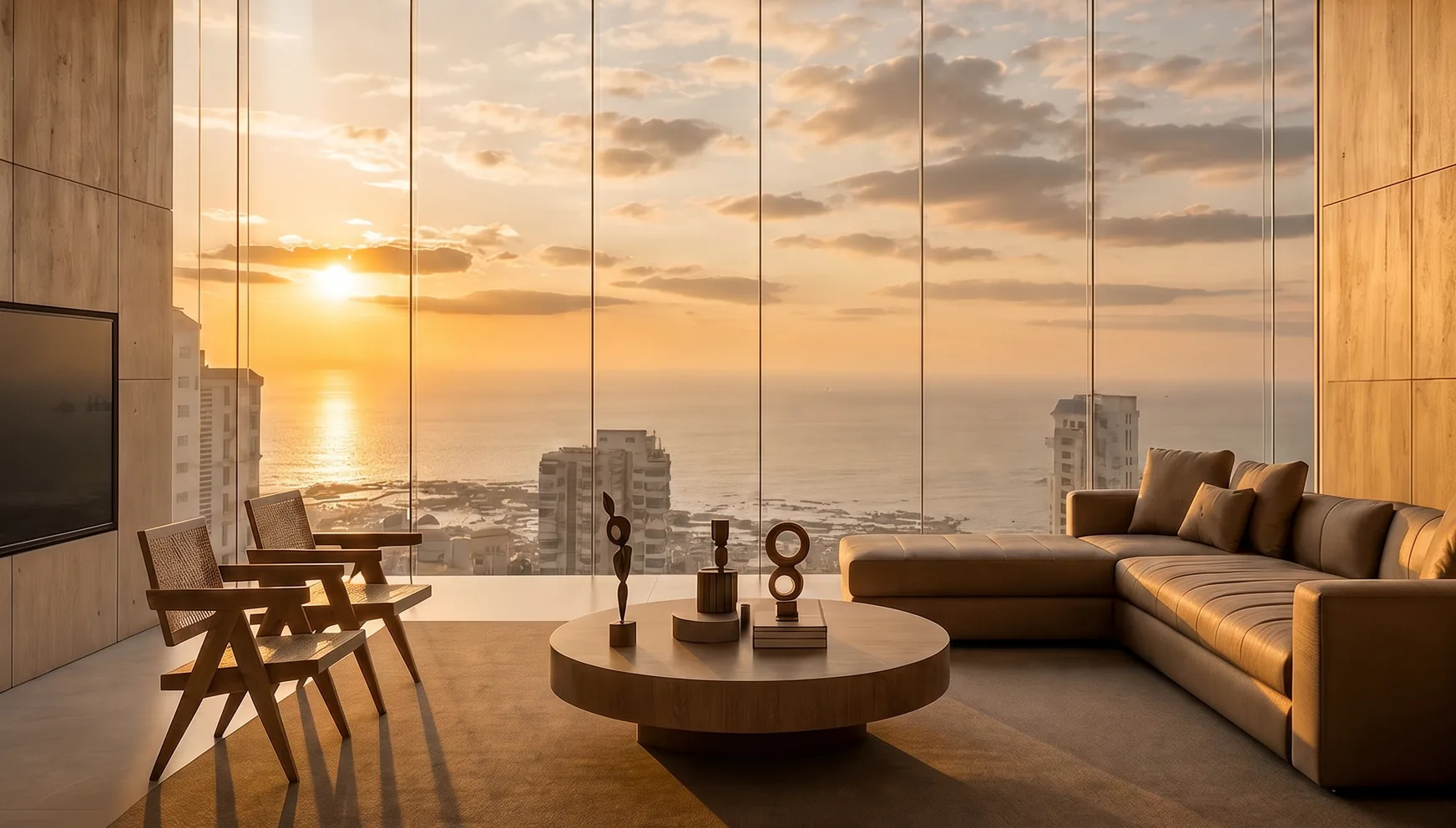 A sea-facing living room at sunset, framed by full-height glass