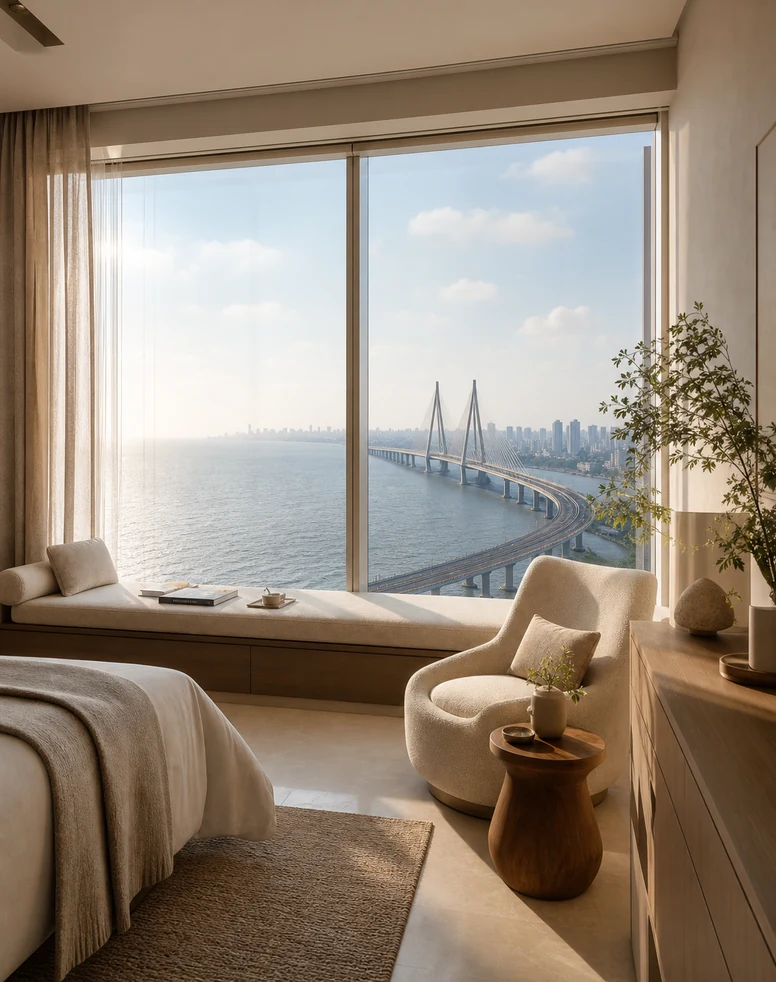 A serene Amaha Sunflower bedroom overlooking the Bandra-Worli Sea Link