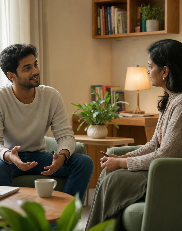 A resident in a supportive conversation with an Amaha wellness professional